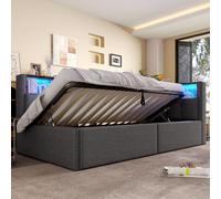 Cama de día, sofá cama, 90 × 200 cm, USB + conectores tipo C, función de almacenamiento hidráulico, varios compartimentos de almacenamiento, con tira LED multicolor, sin colchón, lino, gris