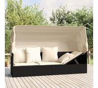 Cama de Exterior con Techo Ajustable, Tumbona Jardín de Ratán Sintético Negro y Acero, Cojines Incluidos, Reclinable y Plegable, para Terraza, Jardín o Piscina,Negro y Blanco Crema, 203 x 65 x 127 cm