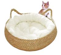Cama de Gato Tejida de Paja de 15 Pulgadas Con Cojín Suave, Cesta Redonda Acogedora a Prueba de Rasguños en Forma de Gato Para Gatitos Pequeños