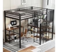 Cama de hierro de 120 x 200 cm, litera, armario de esquina con espacio de almacenamiento, cama de metal con mesa y estante de almacenamiento, armario abierto, hierro+MDF, cama alta para niños y