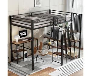 Cama de hierro de 120 x 200 cm, litera, armario de esquina con espacio de almacenamiento, cama de metal con mesa y estante de almacenamiento, armario abierto, hierro+MDF, cama alta para niños y