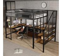 Cama de hierro, litera, con puerto de carga, escalera esquinera cómoda y segura, zona de escritorio con bandeja para teclado y zona de almacenamiento, hierro + MDF, negro y oscuro, 120 x 200 cm