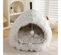Cama de iglú para gatos y perros, 2 en 1 triangular para mascotas, cama relajante de felpa esponjosa para perros, casa de nido de gato con asa, cojín de almohada extraíble lavable (S:45 x 45 x 38 cm,