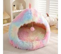 Cama de iglú para gatos y perros, 2 en 1 triangular para mascotas, cama relajante para perros, casa de nido de gato con asa, cojín de almohada extraíble lavable (XL: 63 x 63 x 50 cm, arcoíris)