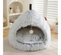 Cama de iglú para gatos y perros, 2 en 1 triangular para mascotas, cama relajante para perros, casa de nido de gato con asa, cojín de almohada extraíble lavable (L: 58 x 58 x 47 cm, gris claro)