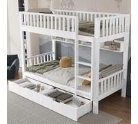 Cama de madera, cama infantil, cama juvenil, litera, con escalera de 3 niveles, escalera de montaje a izquierda o derecha, con rejilla anticaídas, estantes y cajones de MDF, marco de madera de pino