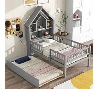 Cama de madera de tamaño individual con barandillas tipo valla y nido extraíble, cabecero funcional en forma de casa con estantes, no necesita somier, 88 pulgadas de largo x 46 pulgadas de ancho x 72