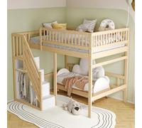 Cama de madera maciza 140 x 200, escalera con armario de almacenamiento, barandilla alta, cuna, cama juvenil, marco de madera maciza, color madera