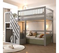 Cama de madera maciza de 90 x 200 cm con escalera de almacenamiento y espacio de almacenamiento integrado, cama alta para niños y jóvenes, construcción de madera de pino estable, diseño gris, ahorra