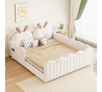 Cama de matrimonio 140 x 200 cm, cama acolchada con 2 cojines decorativos en forma de conejo, cama de plataforma con barra larga acolchada, estructura de pino macizo y MDF, para habitación infantil