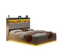 Cama de matrimonio 140x190 cm con arcón hidráulico, cabecero con led y usb, tapizada en terciopelo blanco, estructura de metal.