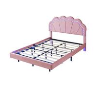 Cama de matrimonio 140x200cm - cama de terciopelo led con somier de láminas y cabecero de corona - colchón no incluido - rosa