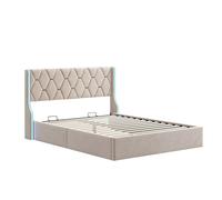 Cama de matrimonio 160x200 cm con somier, cama tapizada con almacenaje, cabecero con luces led orientables, terciopelo, beige