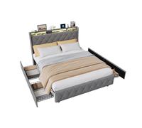 Cama de matrimonio 160x200 con cajones, cama adulto, cama tapizada, somier de láminas, iluminación led, carga usb, color gris.