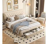 Cama de Matrimonio Acolchada 180x200 cm con Canapé Abatible y Cajones, Estructura de Cama Tapizada en Tela de Terciopelo Beige, Somier de Láminas de Madera, Gran Capacidad de Almacenaje, Sin colchón