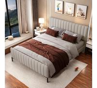 Cama de matrimonio acolchada de 180 x 200 cm, una plaza y media, dormitorio completo, estructura con somier de láminas y cabecero ajustable, gris y beige
