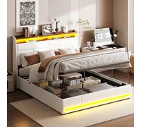 Cama de matrimonio con canapé, 140 x 200 cm con LED, cama acolchada en espacio de almacenamiento, cabecero con compartimento de almacenamiento, estructura hidráulica con somier de láminas, poliuretano