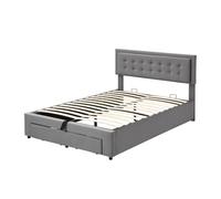 Cama de matrimonio con canapé 140x190cm tapizada con somier de láminas y cabecero regulable con 2 cajones, tejido terciopelo, color gris