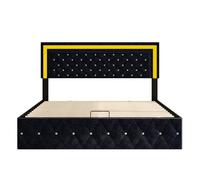 Cama de matrimonio con canapé de terciopelo de 160x200 cm - con led y somier de láminas - cama de matrimonio con canapé - con cabecero regulable en altura - negro
