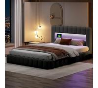 cama de matrimonio con luz LED y carga USB cama tapizada 160 x 200 cm con almacenaje de almacenamiento hidráulica con cabecero y somier Gris oscuro Tela de algodón y lino (Gris oscuro, 160 x 200 cm)