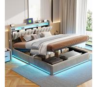 Cama de matrimonio de 140 x 190 cm con almacenamiento, cama acolchada de 140 x 190 cm con LED y carga USB, cama con almacenamiento de plaza y media, estructura de cama de matrimonio con lamas y