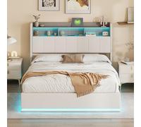 Cama de matrimonio de 140 x 200 cm con almacenamiento, cama acolchada de 140 x 200 cm con LED y carga USB, cama con almacenamiento, una plaza y media estructura cama de matrimonio con somier y
