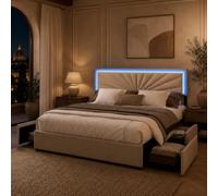Cama de matrimonio de 160 x 200 cm con 4 cajones, estructura de cama de tela de lino con cabecero, iluminación LED de ambiente, cama contenedor ahorra espacio para dormitorio, beige, sin colchón