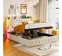 Cama de matrimonio de 160 x 200 cm con almacenamiento, cama acolchada de 160 x 200 cm con LED y carga USB, cama con almacenamiento, una plaza y media estructura cama de matrimonio con somier y