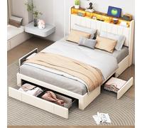 Cama de matrimonio de 160 x 200 cm, con cabecero LED ajustable y USB, cama baúl moderno con 3 cajones espaciosos, tela suave de terciopelo, beige, sin colchón (Beige, 160 x 200 cm)