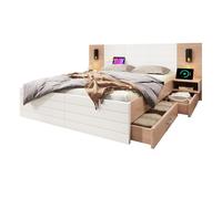 Cama de matrimonio de madera maciza 160x200cm con 2 cajónes,blanco+roble