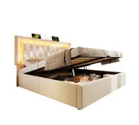 Cama de matrimonio de terciopelo 160x200 cm con almacenaje y luz led,beige