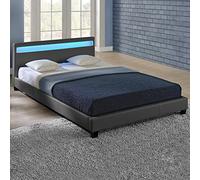 Cama de Matrimonio Elegante tapizada en Piel sintética - con Sistema de iluminación LED - 140x200cm (Gris Oscuro) - diseño Moderno