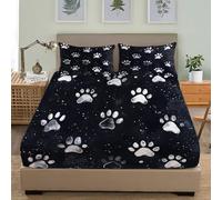 Cama de Matrimonio Juego de Sábana Ajustable 150x190 cm PatróN Simple de Huella de Pata de Perro Juego de Ropa de Cama Bolsillo Profundo 30 cm, Negro Transpirable Sábana Ajustable para Adultos Y Niños