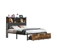 Cama de matrimonio juvenil tapizada de 160x200 cm con puertos usb, enchufes, estructura de metal, somier y 2 cajones.