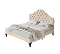 Cama de matrimonio tapizada con somier de láminas de madera y cabecero regulable en forma de nube para adolescentes y niños beige 140x200cm