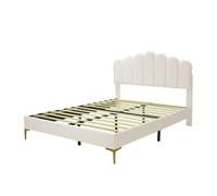 Cama de matrimonio tapizada en terciopelo - 140x200cm - cabecero de flores - somier de láminas - beige