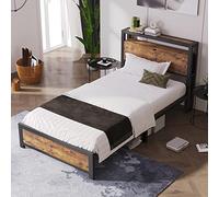 Cama de metal para adolescentes, cama individual de 90 x 200 cm, con cabecero de almacenamiento y somier de láminas de metal, marco de cama para adultos, niños, adolescentes, negro, cama industrial