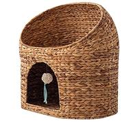 Cama de mimbre de jacinto de agua natural hecha a mano con 2 pisos, muebles trenzados para gatitos y gatos adultos para comodidad en interiores