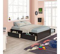 Cama de plataforma de madera de tamaño matrimonial con cama nido de tamaño individual, dos cajones y soporte de listones de madera, diseño que ahorra espacio, sin cabecera, no necesita somier, 79.6