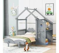 Cama de plataforma de tamaño matrimonial con molino de viento y decoración de flores, cama de casa de cuento de hadas con escritorio, vallas y dos asas, no requiere somier, 76.5 pulgadas de largo x
