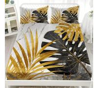 Cama de Soltero Juego de Sábana Ajustable 135x190 cm Lujo MáRmol Monstera Deliciosa Transpirable Sábana Ajustable para Adultos Y Niños Oro Juego de Ropa de Cama Bolsillo Profundo 30 cm