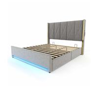 Cama de terciopelo 180×200 cm - cabecero alto, acolchado y tapizado, bolsillos laterales, usb & led, sistema hidráulico, gran almacenamiento bajo la cama - gris oscuro
