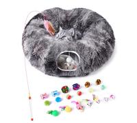Cama de túnel para gatos con 20 juguetes interactivos, tubo plegable 3 en 1 de felpa para gatos con alfombrilla lavable, gran cueva de túnel de juego interior para gatitos y animales pequeños