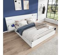 cama doble 160*200cm, cama de madera, con puerto USB, reloj electrónico, altavoz Bluetooth, barra de luz de color, colchón integrado, 2 mesitas de noche (sin cajones), colchón no incluido, blanco