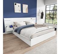 Cama doble 160 x 200 cm, cama de madera, con puerto USB, reloj electrónico, altavoz Bluetooth, barra de luz de color, colchón integrado, 2 mesitas de noche (sin cajones), colchón no incluido, color