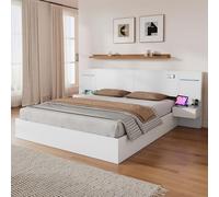 Cama doble 180 x 200 cm, cama de madera, con conexión USB, reloj electrónico, altavoz Bluetooth, barra de luz de color, colchón integrado, 2 mesitas de noche (sin cajones), colchón no incluido, color