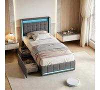 Cama doble acolchada 90 x 200 cm con LED y USB/tipo C, cama baúl 90 x 200 con 2 cajones de almacenamiento, marco de cama capitoné para 2 personas con somier de láminas, camas para adultos (Gris-C, 90
