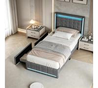 Cama doble acolchada 90 x 200 cm con LED y USB/Tipo C, cama baúl 90x200 con 2 cajones de almacenamiento, marco de cama capitoné para 2 personas con somier de láminas, camas para adultos (Gris-E