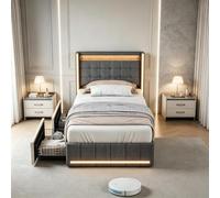 Cama doble acolchada 90 x 200 cm con LED y USB/Tipo C, cama baúl 90x200 con 2 cajones de almacenamiento, marco de cama capitoné para 2 personas con somier de láminas, camas para adultos (Gris-8