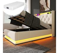 Cama doble acolchada con almacenamiento, marco de cama juvenil, diseño hidráulico, marco inclinado, cabezal de almacenamiento con carga USB, material de lino
